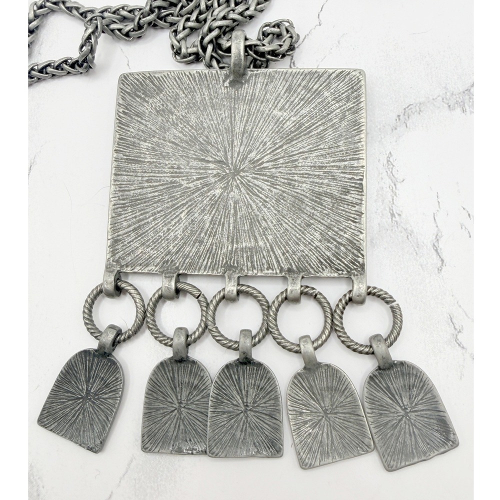 Antiqued Silver Tone Etched Pendant Necklace Long Wheat Chain Boho Dangles - Picture 6 of 6